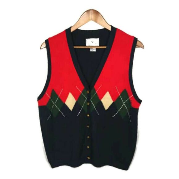 Vintage Chandler Hill Red Blue Argyle Print V-Neck Sweater Vest Sz Medium - Picture 1 of 6